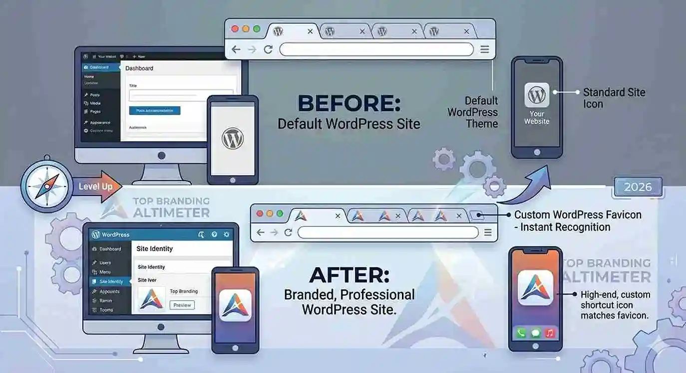 WordPress Favicon before and after comparison showing the impact of a professional site icon.