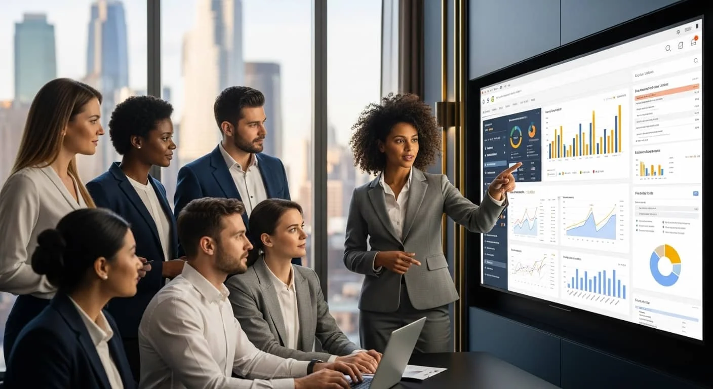 Advertising agency team reviewing campaign performance dashboards