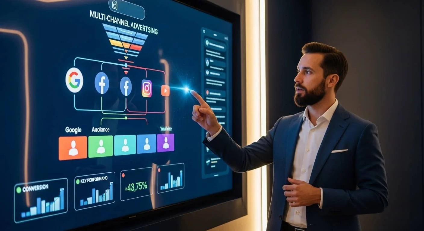 Marketing strategist presenting multi-channel advertising funnel strategy