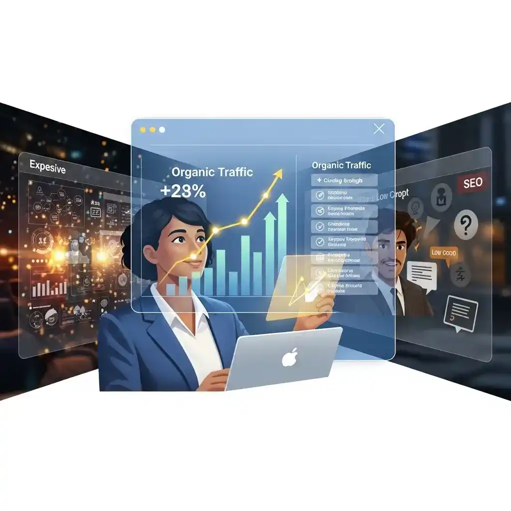 Business owner reviewing SEO analytics in a modern workspace
