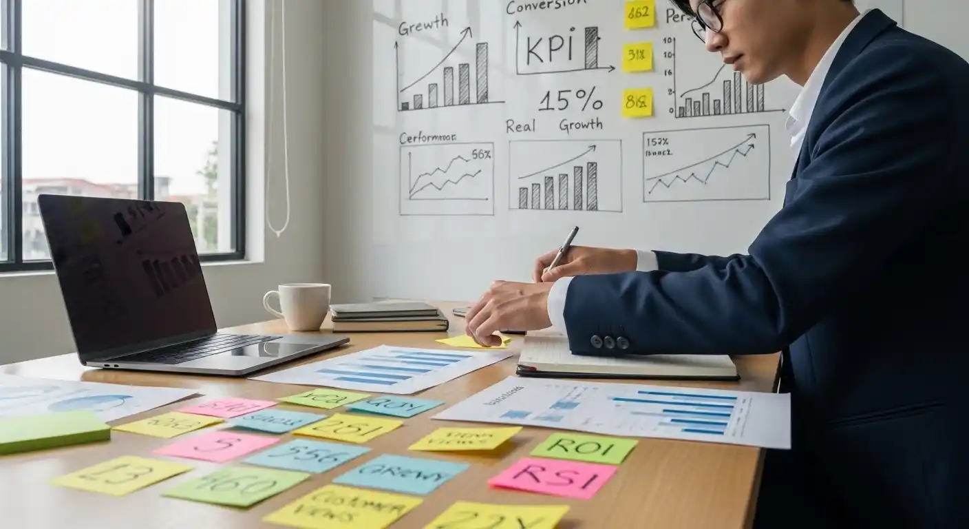 digital marketing KPIs Business strategist analyzing marketing KPIs and growth metrics in an office setting.