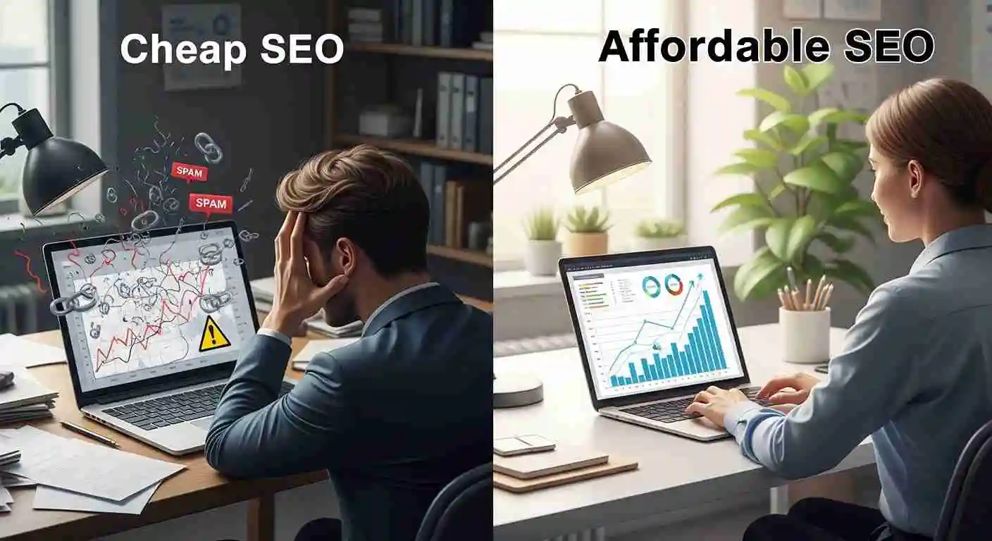 Cheap vs affordable SEO comparison scene