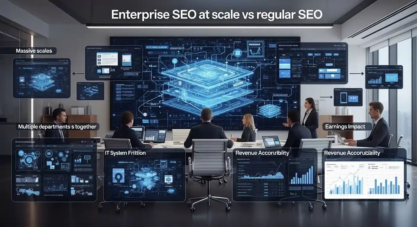 Enterprise SEO at scale shown through complex corporate systems and global digital operations.