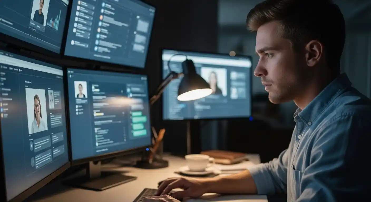 Focused marketer analyzing digital dashboards late at night in a modern workspace