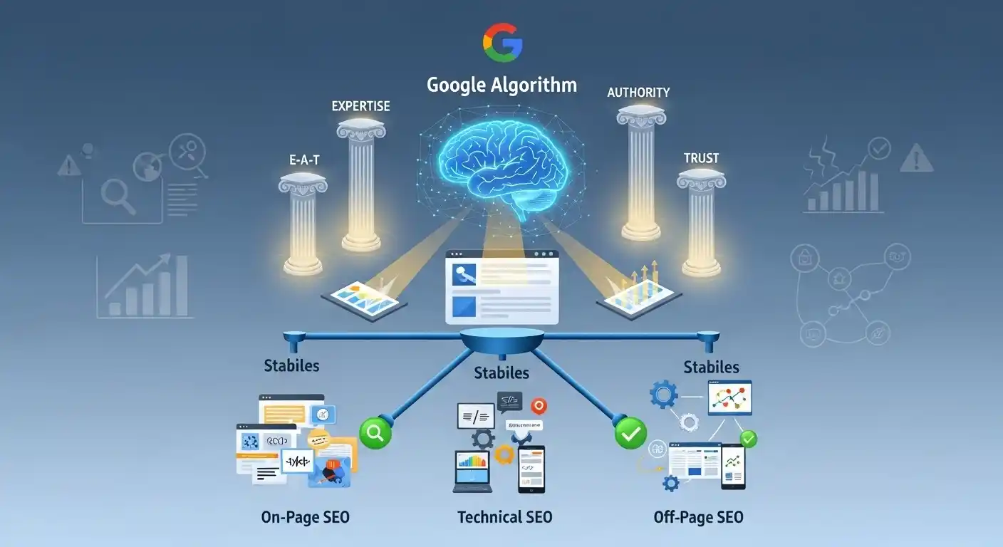 organic seo services Google algorithm analyzing SEO pillars and website trust signals