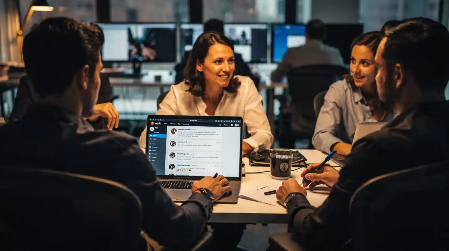 Marketers discussing insights in a lively online community workspace at night