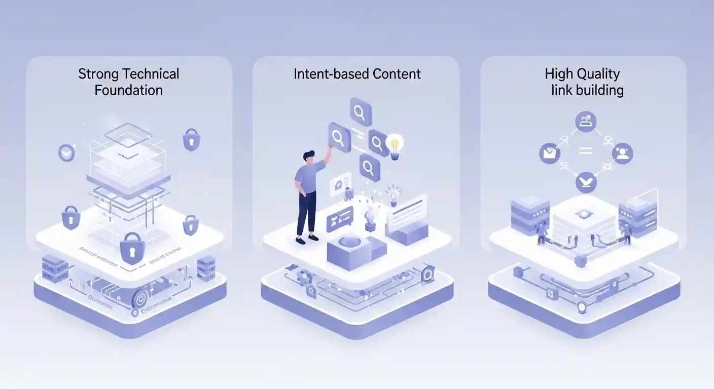 Clean digital view of modern SEO layers showing foundation, intent, and authority clearly