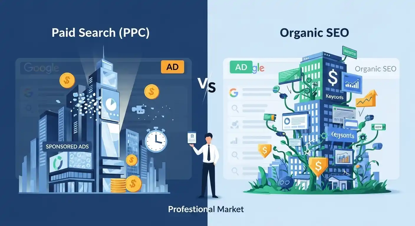 organic seo services Organic SEO vs PPC comparison showing long-term vs paid traffic