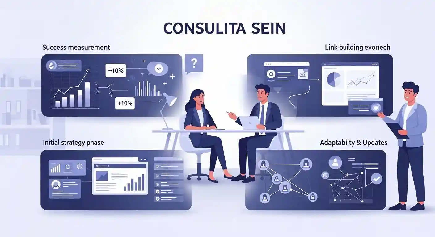 SEO consultation showing strategy, audits, links, and growth in a modern digital workspace.