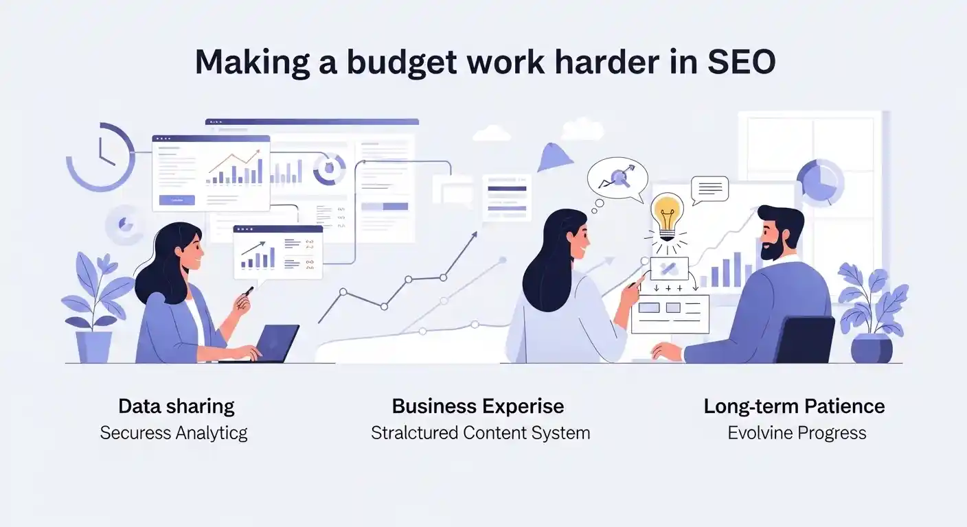 SEO teamwork showing data sharing, ideas, and long-term growth in a clean modern digital setup.