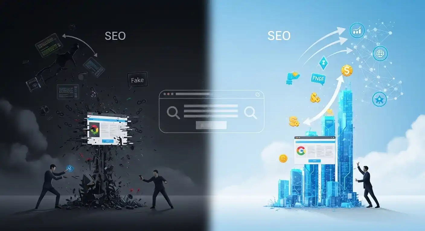 organic seo services White hat vs black hat SEO showing safe growth vs penalties