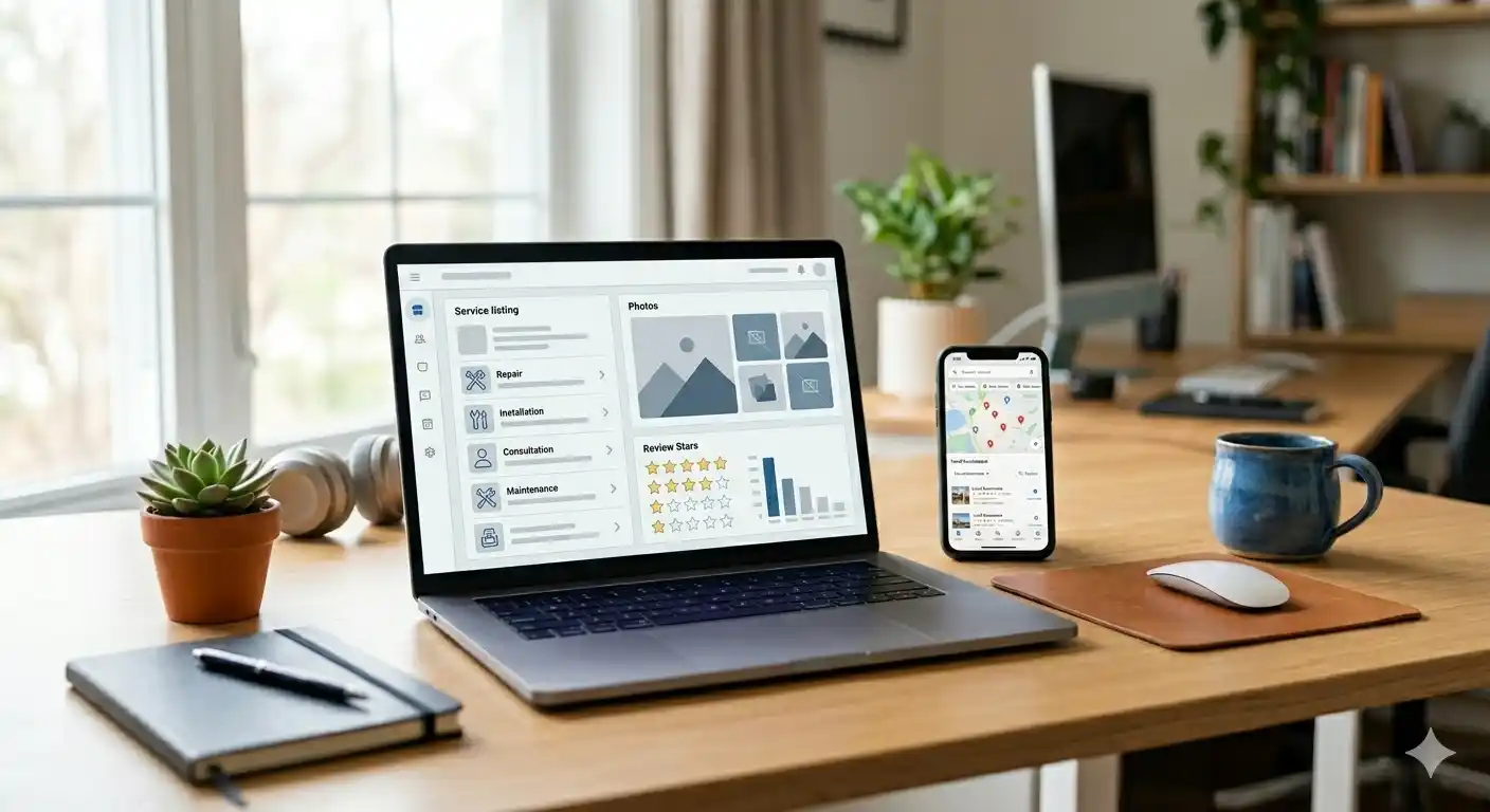Contractor SEO business profile editing on laptop screen