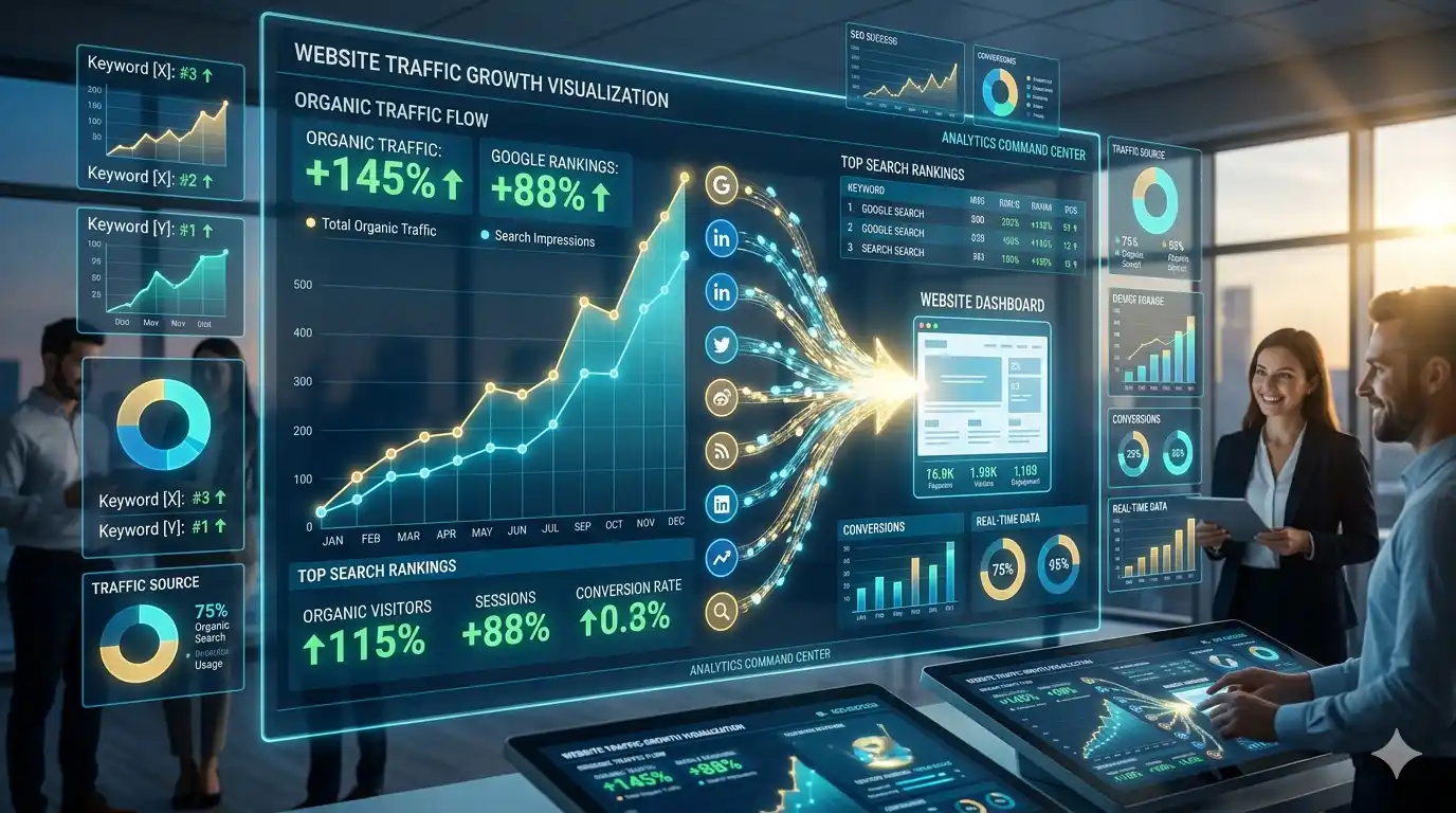 Organic SEO traffic growth dashboard and rankings