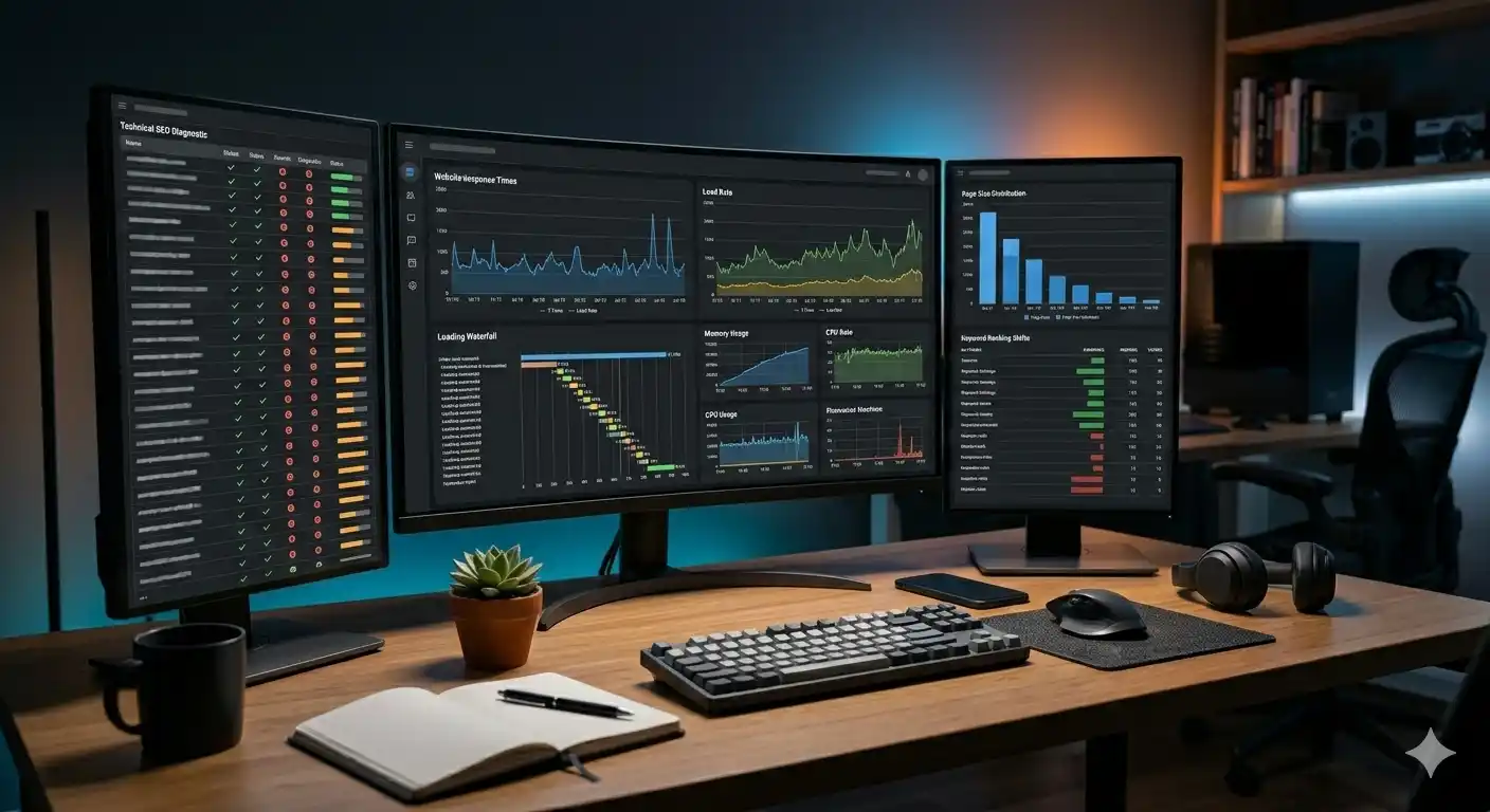 Contractor SEO Contractor SEO technical audit dashboards on multiple screens