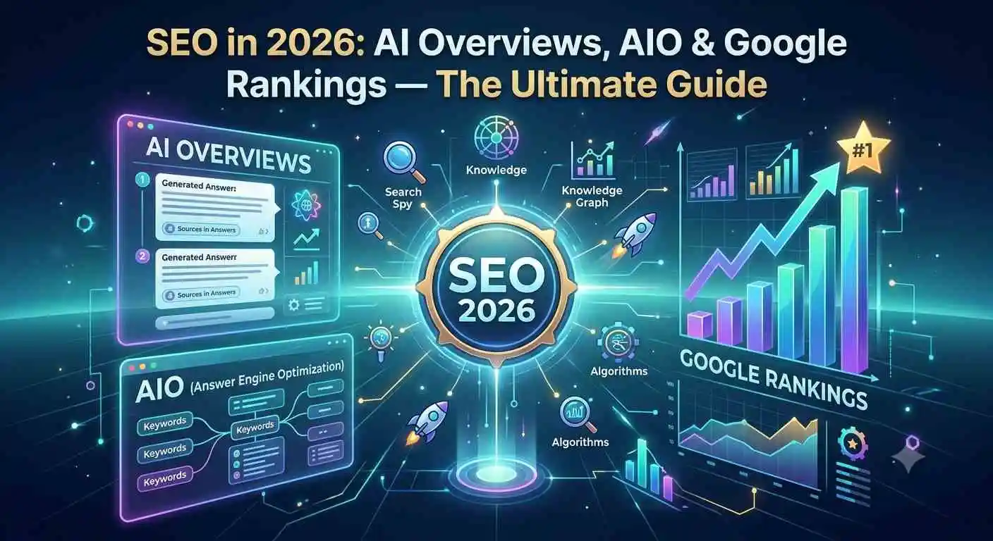 SEO trends in 2026 showing AI Overviews and Google AIO search rankings graph.