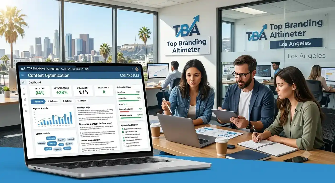 Content optimization dashboard showing SEO rankings, traffic, and conversion analytics