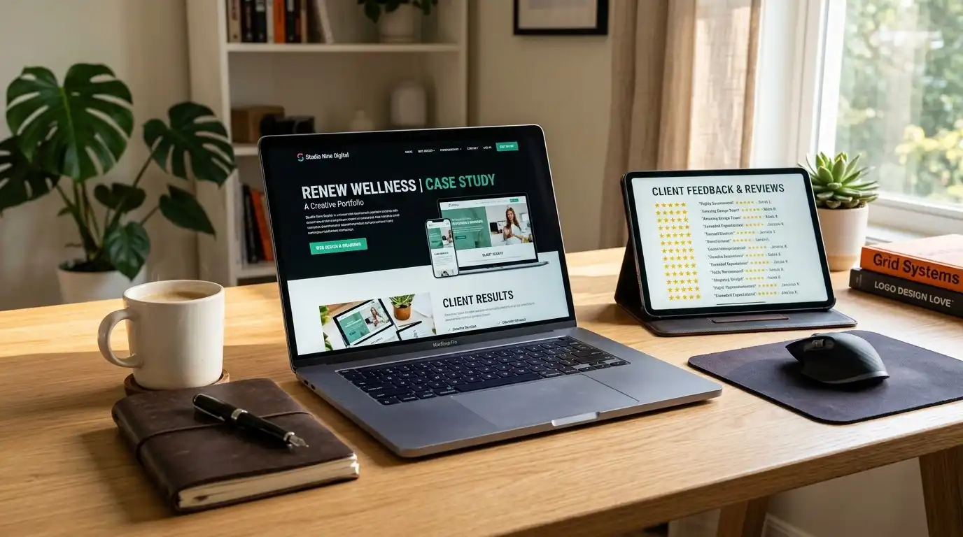 How to Choose a Web Design Company business owner reviewing web design agency portfolio and client reviews