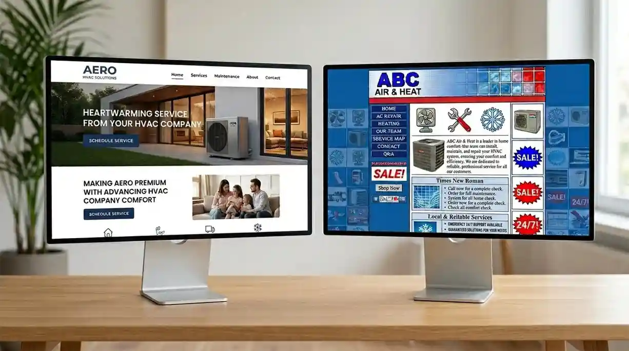 comparison of a modern hvac website homepage versus an outdated hvac website homepage