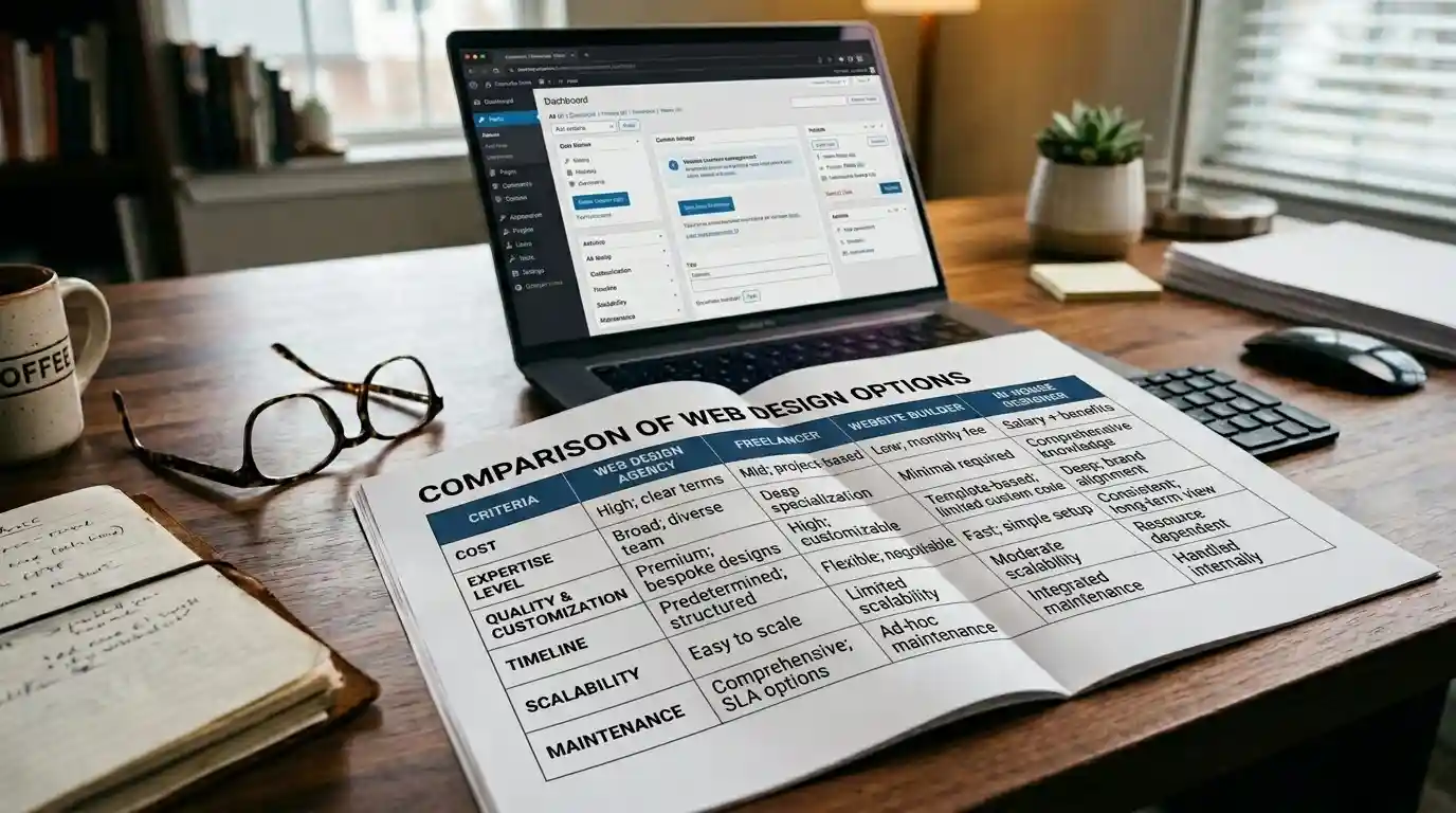 How to Choose a Web Design Company comparison table of web design agency vs freelancer vs website builder vs in-house designer
