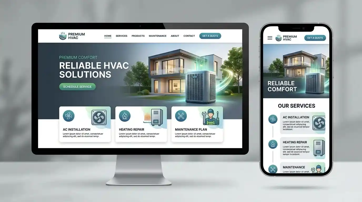 hvac company website homepage shown on desktop and mobile devices