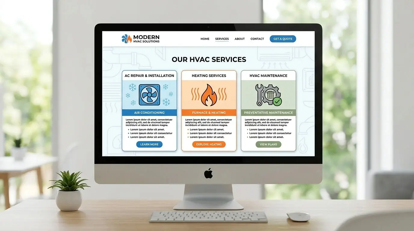 hvac website service page layout showing ac repair heating and maintenance sections