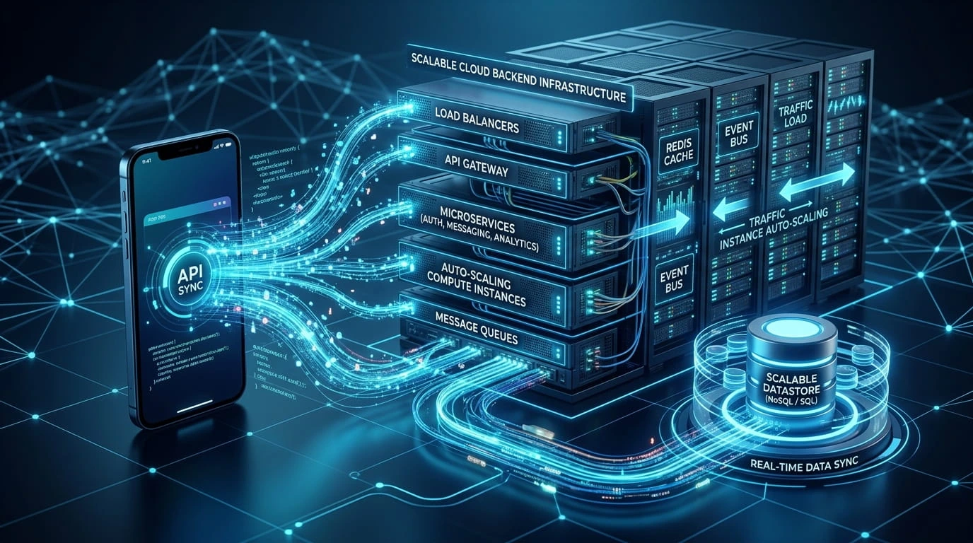 mobile app development cost smartphone connected to server backend and infrastructure