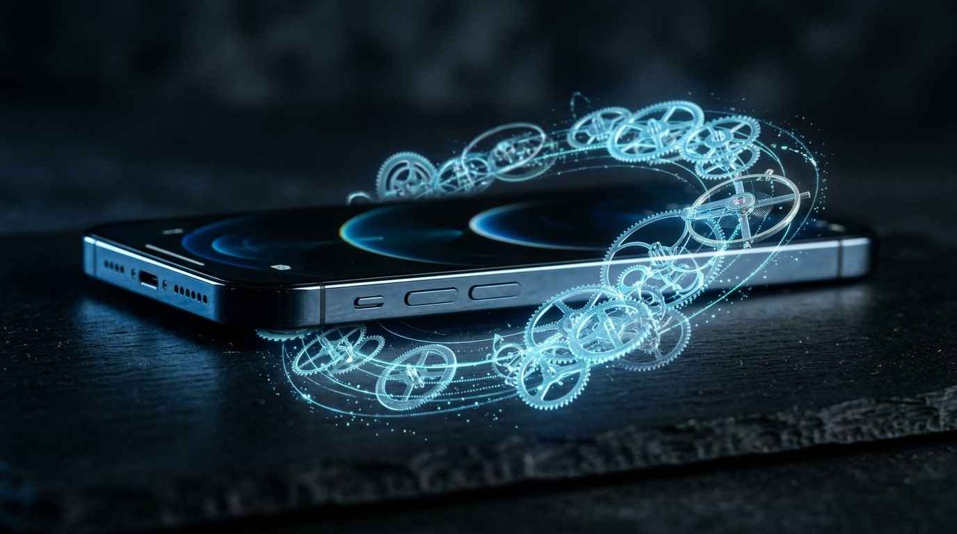 Mobile App Maintenance Cost holographic gears orbiting smart